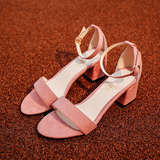 夏季新款尖头鞋高跟鞋中跟女式甜美粉色单鞋粗跟绑带百搭凉鞋夏季