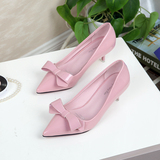 韩版显瘦浅口单鞋女裸粉色5厘米高跟鞋蝴蝶结尖头细跟中跟伴娘鞋