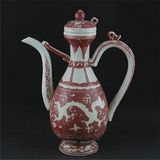 热卖大明宣德釉里红雕刻双龙纹茶壶酒壶 仿古做旧明代古瓷器 收藏