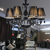 欧式古典黑色水晶吊灯6头布艺灯罩卧室客厅书房咖啡厅创意吊灯
