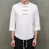 中式唐装汉服装中国风男装盘扣棉麻短袖上衣夏季民族青年亚麻衬衫