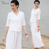 【呼吸】女棉麻夏季中袖汉服白色瑜伽服禅修茶人服宽松居士服套装