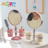 台式化妆镜欧式双面梳妆镜子带收纳桶圆形公主镜高清台镜ABS+镜片
