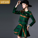 UC＆UG2015秋冬套装裙 长袖加厚修身毛呢格子两件套时尚连衣裙女