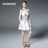 ZIMMUR2016夏季新款女装圆领无袖中腰气质修身蕾丝绣花连衣裙中裙