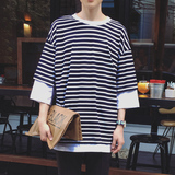 2016春夏季装新款日系韩版宽松型七分袖条纹T恤衫男 短袖潮流港风