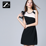 ZK2016欧美夏季女装雪纺 黑白拼接撞色 欧美时尚无袖简约连衣裙