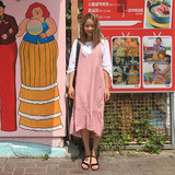 韩国chic  暖暖皮粉色舒适甜美长款宽松背带连衣裙+蝴蝶结T恤套装