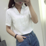 卡轩佳人2016夏季新款韩版女装简约纯色立领短袖衬衫打底衫衬衣