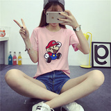 人气短袖休闲刺绣卡通圆领新款夏季女装T恤超级玛丽简约韩版时尚
