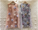 日本代购lilyb 2016春夏新款欧根纱重工3D立体手工花朵无袖连衣裙