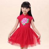 儿童民族舞蹈服 小孩演出表演服装 女童红色刺绣蓬蓬公主连衣裙子