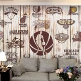 3d大型壁画 NBA明星队标地图木纹壁纸 卧室床头海报无缝环保墙纸