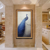 纯手绘孔雀油画简约现代中式客厅玄关过道竖版有框装饰画挂画定制