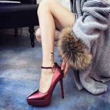 红色婚鞋超高跟12cm女鞋子欧美春季新款尖头防水台细跟女鞋子紫红