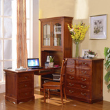 实木转角书桌书柜组合美式乡村家具实木书桌带书柜原木儿童写字台