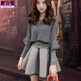 韩国代购女装2016新款春秋季连衣裙套装 针织长袖毛衣短裙两件套