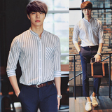 韩国代购男士夏季衬衣韩版潮流青年立领休闲潮百搭条纹七分袖衬衫