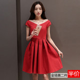 夏季修身韩版小红裙气质短裙礼服A字裙V领显瘦时尚短袖红色连衣裙