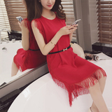 卡泊蕾2016韩版春季新款无袖低圆领腰带女装针织衫流苏背心裙