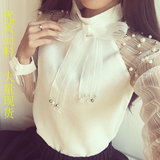 2016春季新款日系女装优雅珍珠欧根纱蝴蝶结打底长袖衬衫雪纺衫潮