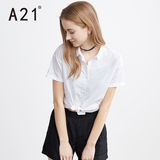 A21女装短袖镂空白色衬衫 2016夏季甜美纯色全棉简约百搭女士衬衣