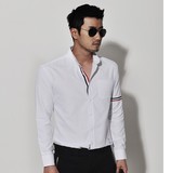韩国商务休闲衬衫修身男小领拼色复古个白色性衬衫衬衣男明星同款