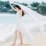 新款超仙女唯美纯白色欧根纱连衣裙A字中长款拖尾下摆沙滩度假裙