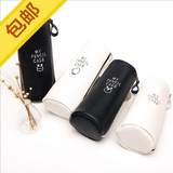 KEMI黑白配纯色简约韩式可爱圆柱圆桶形PU皮大容量学生笔袋笔盒