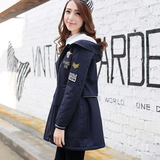 少女冬装2015新款韩版修身中学生加绒加厚中长款连帽风衣女外套潮
