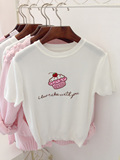 春夏款韩版冰淇淋糖果色甜美可爱刺绣冰丝短袖圆领粉色T恤上衣女