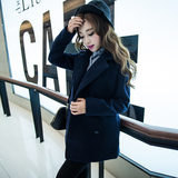 2015冬装新款韩版学院风中长款加厚呢大衣女装双排扣宽松毛呢外套