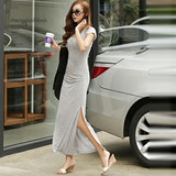 夏季韩版新款短袖莫代尔女装连衣裙V领修身褶皱性感显瘦开叉长裙