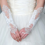 新娘手套结婚婚纱礼服饰配手套无指对花缝珠白色乳白色红色手套