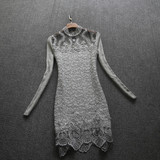 欧洲站2015冬装新款女装针织袖镂空立领中长款蕾丝衫打底连衣裙