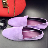 夏季新款韩版紫色平底鞋软面羊皮方头平跟单鞋女休闲鞋真皮懒人鞋