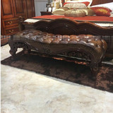欧式床实木雕花床尾凳新古典真皮布艺卧室法式换鞋凳客厅沙发边凳