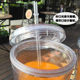 韩国饮料果汁杯透明双层吸管杯子学生塑料随手杯带盖创意个性水瓶