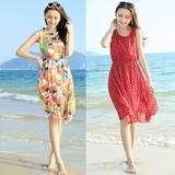 正品代购夏海边度假沙滩裙波西米亚红色背心裙修身显瘦雪纺连衣裙