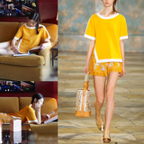 2016夏季刘雯同款宽松短袖T恤上衣+蕾丝阔腿短裤黄色套装女两件套
