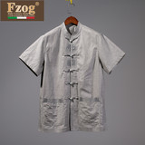 FZOG 2016夏季中国风唐装透气休闲男装刺绣棉麻短袖中式上衣男士