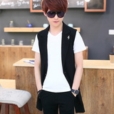 夏季新款青少年韩版修身男士马甲无袖风衣中长款男装潮流西装外套