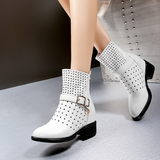 特价2016春季新款欧美时尚白色真皮单靴短靴镂空靴透气洞洞女靴