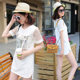 香港IT代购 夏季新款拼接短袖T恤修身显瘦蕾丝中长款韩版上衣女装