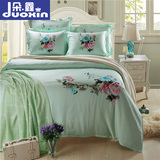 中式纯色天丝四件套古典水墨大版花贡缎床上用品1.8双人床单被套