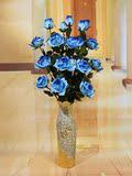 蓝色妖姬落地仿真花套装 绒布玫瑰电镀陶瓷花瓶客厅装饰花艺