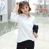 冬季新款韩版2015中长款宽松大码加绒衬衣女加厚长袖白色打底衬衫