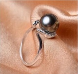 大溪地黑珍珠12mm天然黑珍珠粉戒指强光正圆925银可调节不脱色