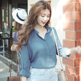 MC迷2016韩国代购夏女装Cherrykoko百搭半开领纯色单排扣长袖衬衫