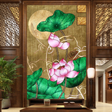 现代中式 客厅壁纸壁画 荷花 中式玄关大型壁画 竖版走廊过道画3d